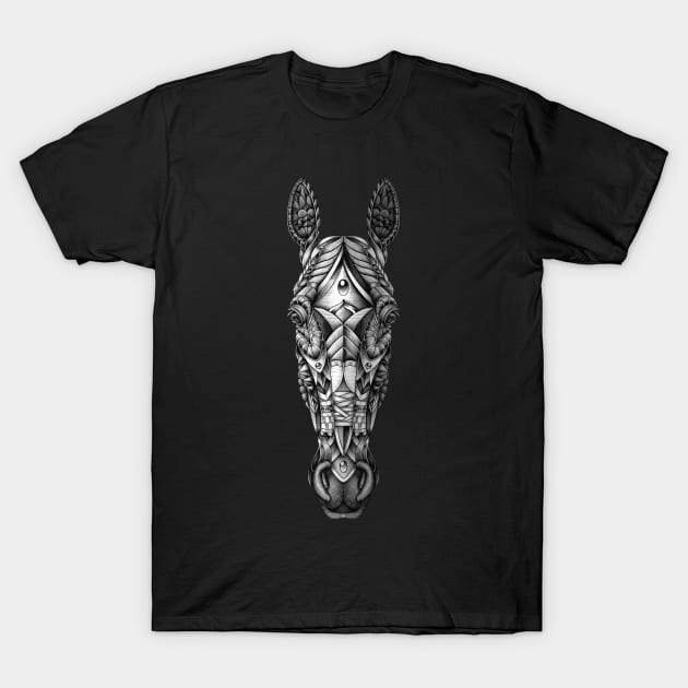 Ornate Horse Head BW T-Shirt by Psydrian